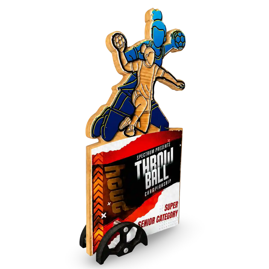 Custom engraved wood-and-acrylic throwball champion trophy