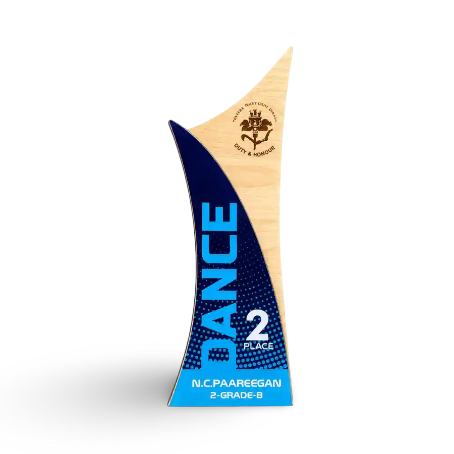Wood-and-acrylic top dancer trophy with personalised details, front view