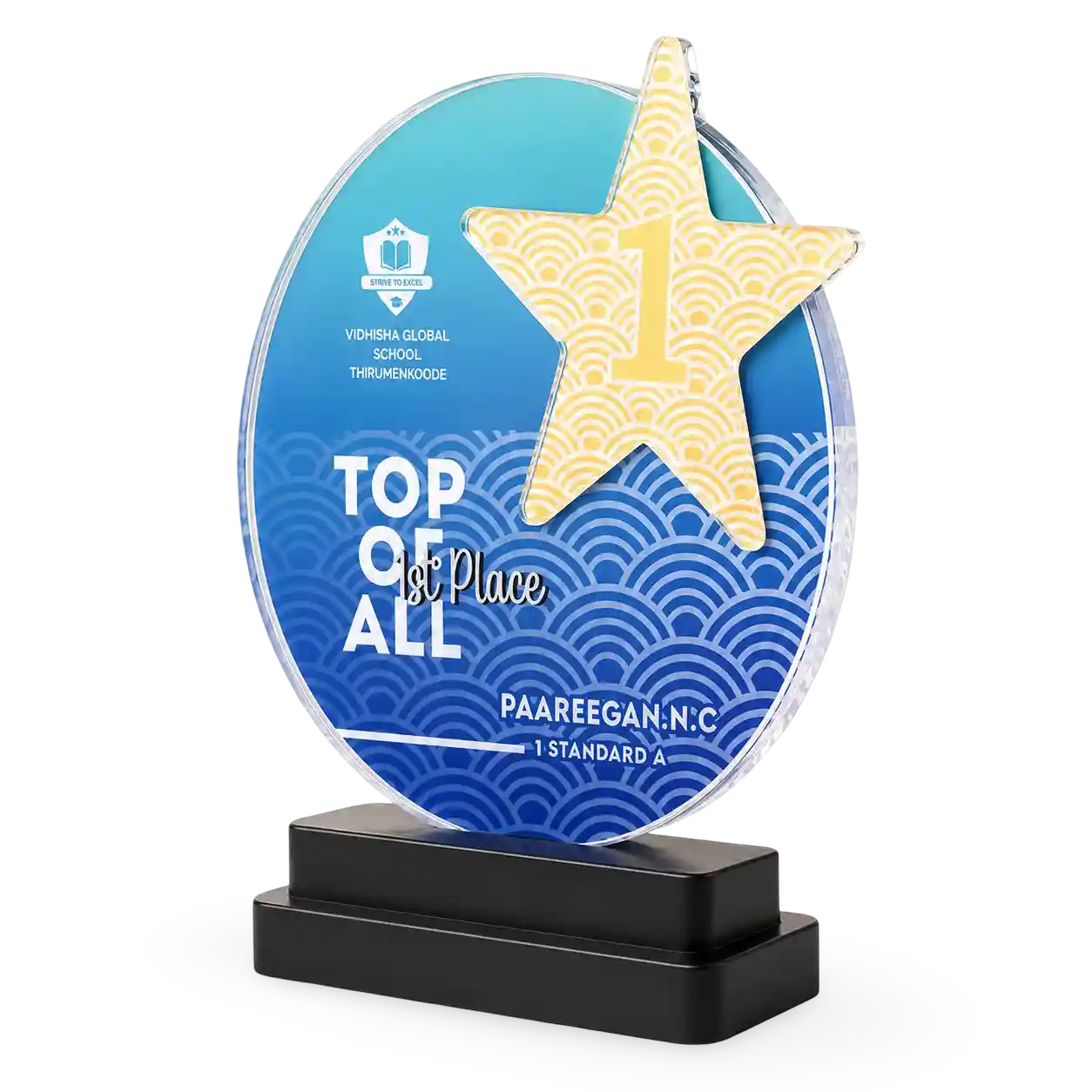 Transparent crystal star trophy with elegant wooden base for sports and school events