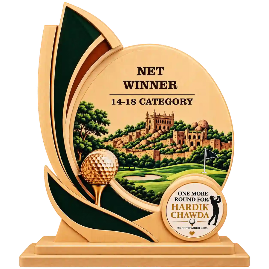 Front view of golf net winner trophy with 14–18 category plaque and golf course artwork