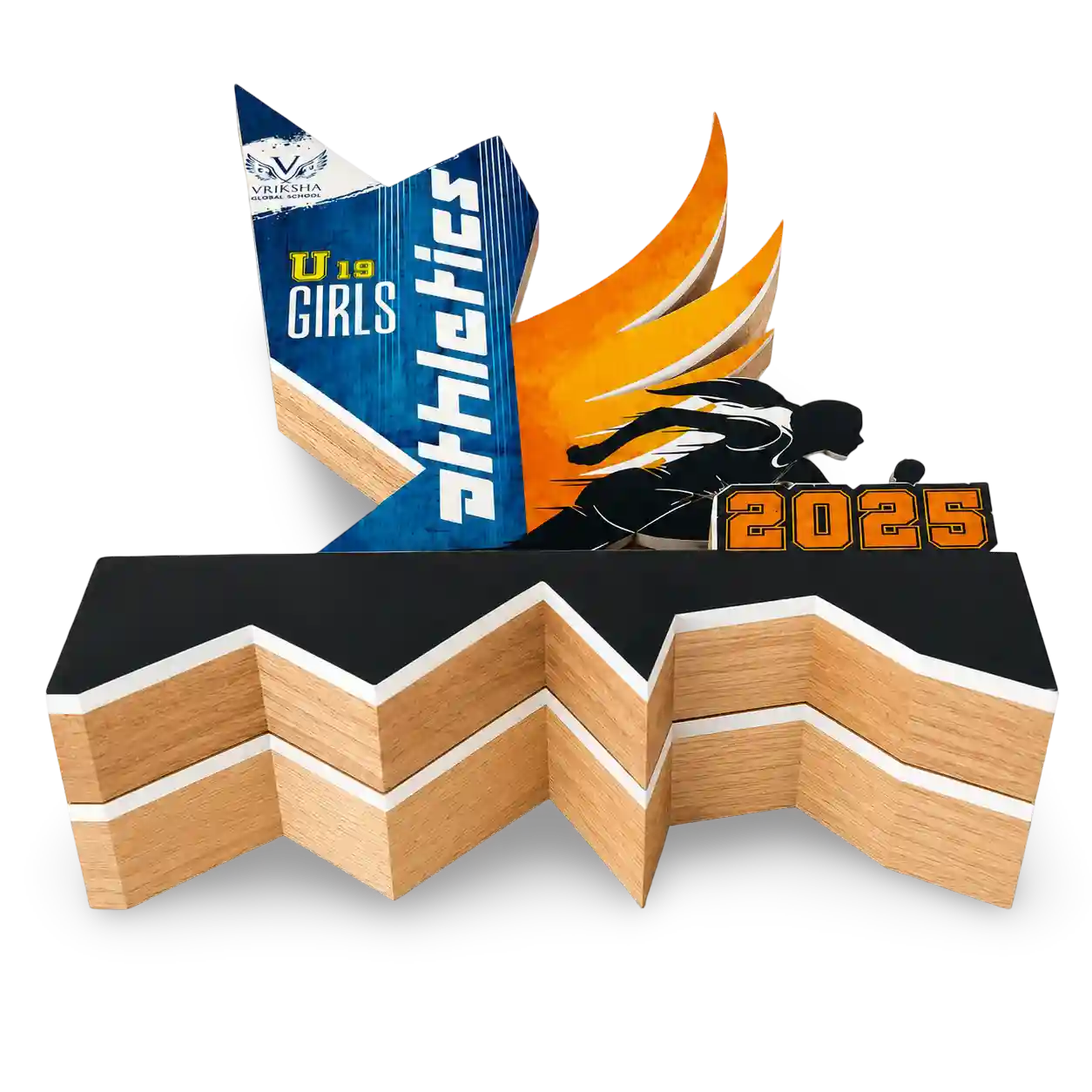 Athletic display board with 'U19 Girls Athletics' branding and a chevron pattern.