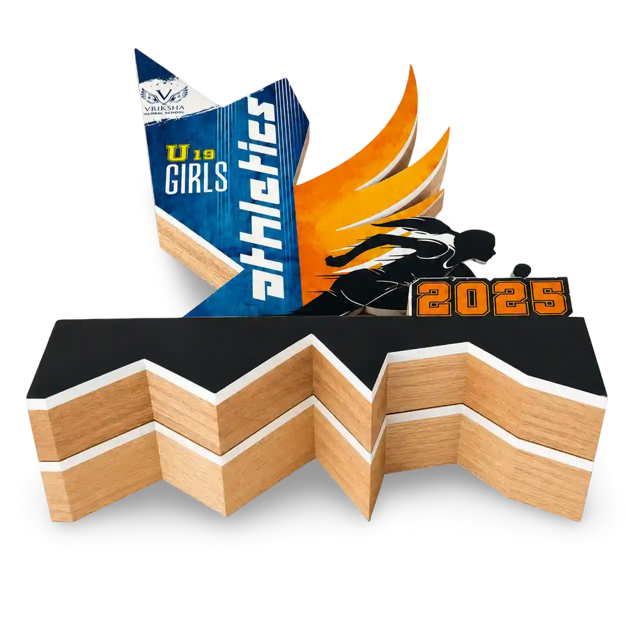 Athletic display board with 'U19 Girls Athletics' branding and a chevron pattern.