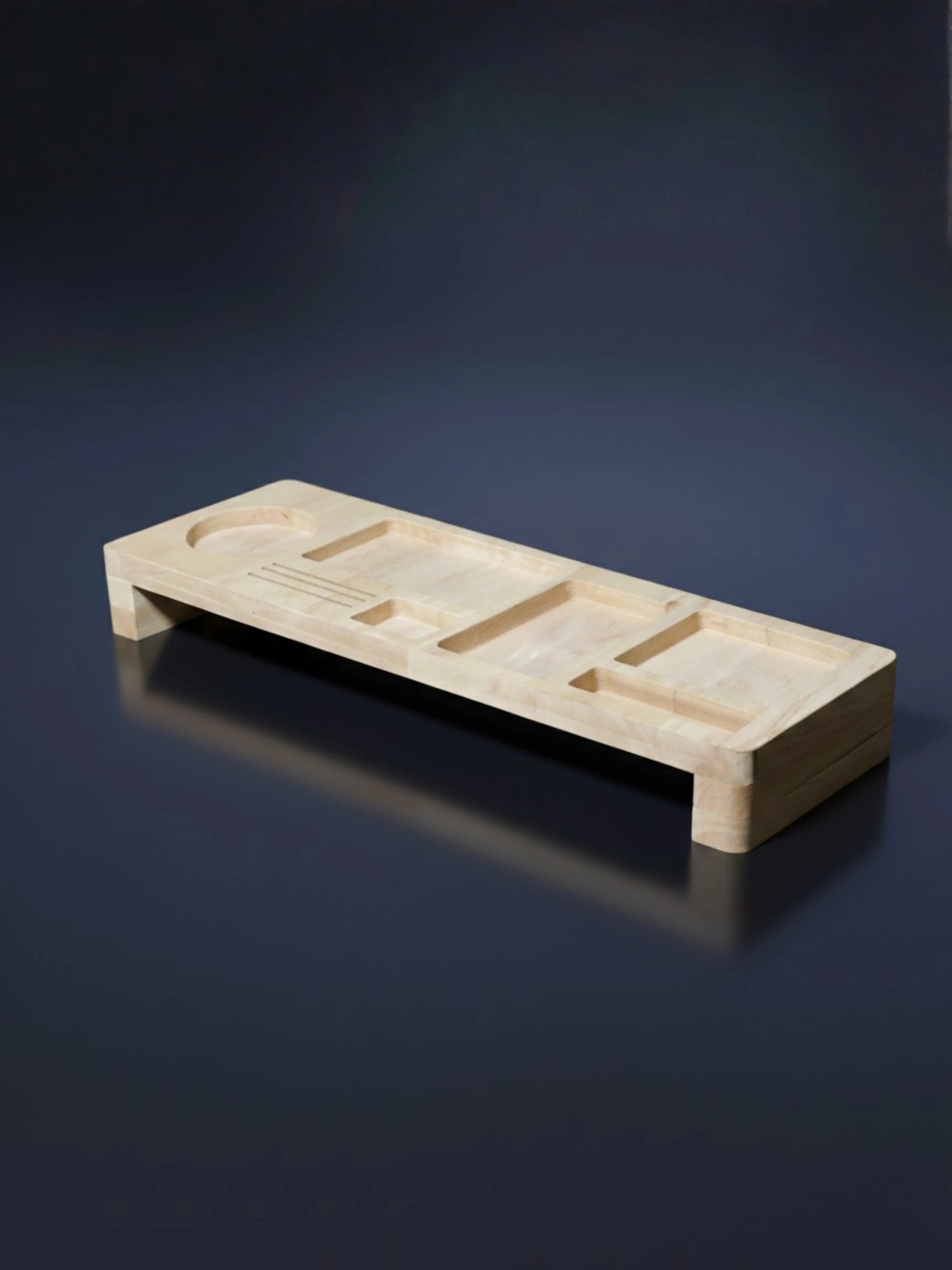 Wooden tray with geometric design on a dark reflective surface