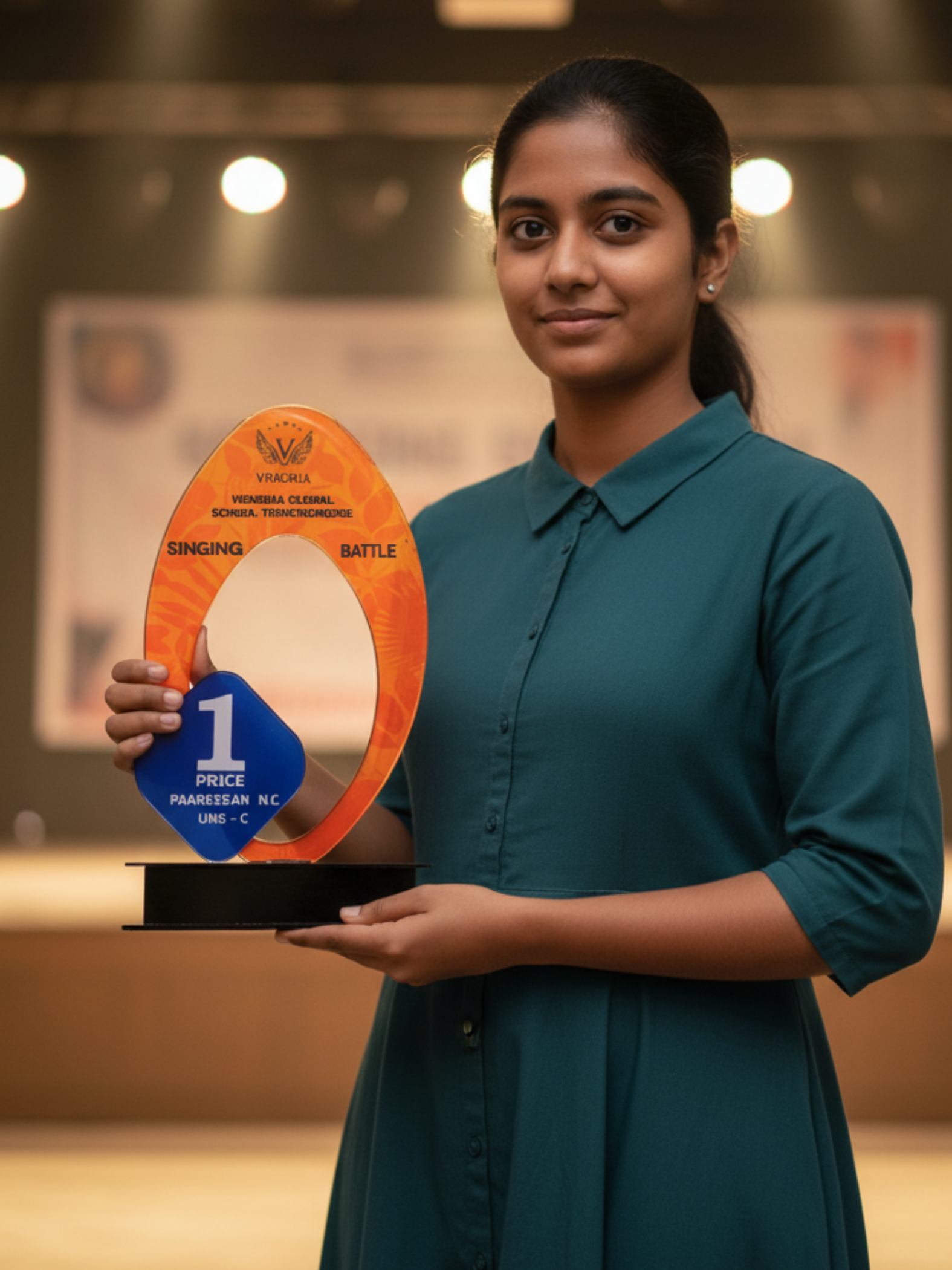 Golden singing trophy shield with academic music award design - premium vocal competition trophy with musical motifs