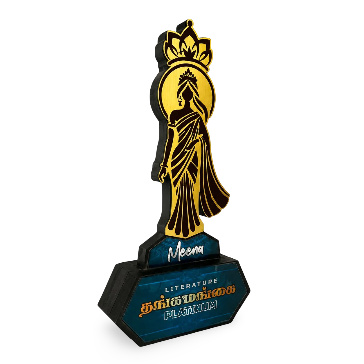 Gold-and-black women’s achievement award on a blue base
