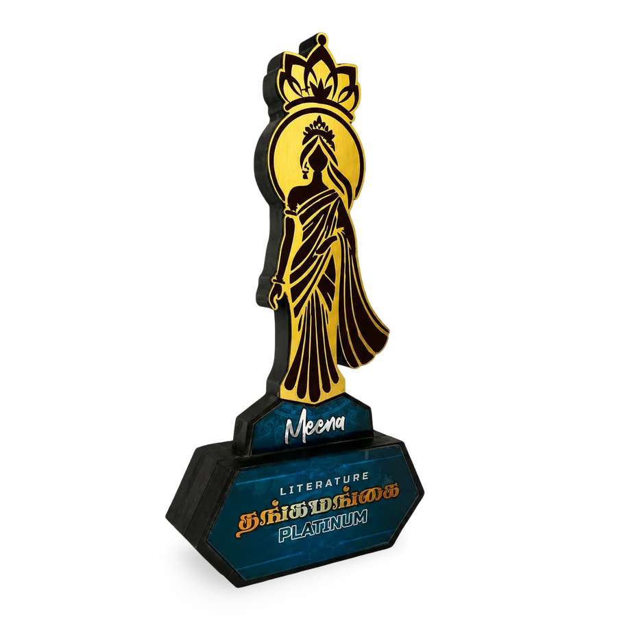 Gold-and-black women’s achievement award on a blue base