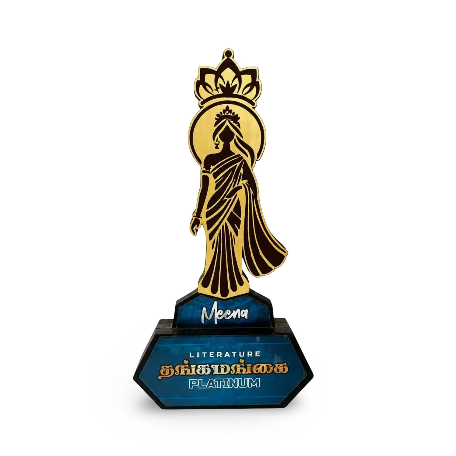 Women achiever recognition award with gold figure and blue base, front view
