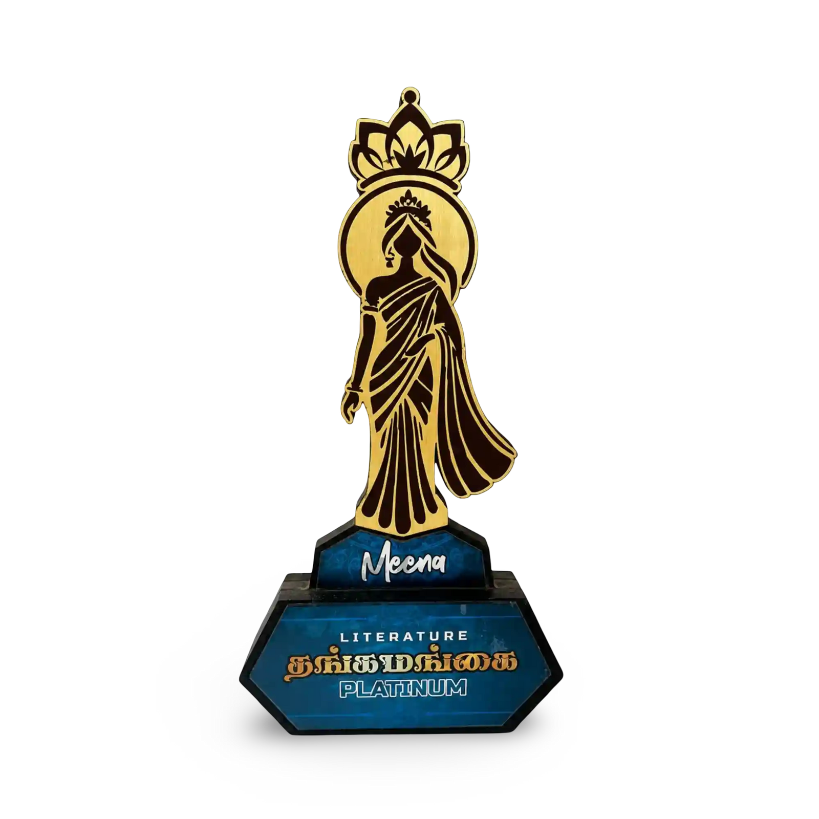 Women achiever recognition award with gold figure and blue base, front view