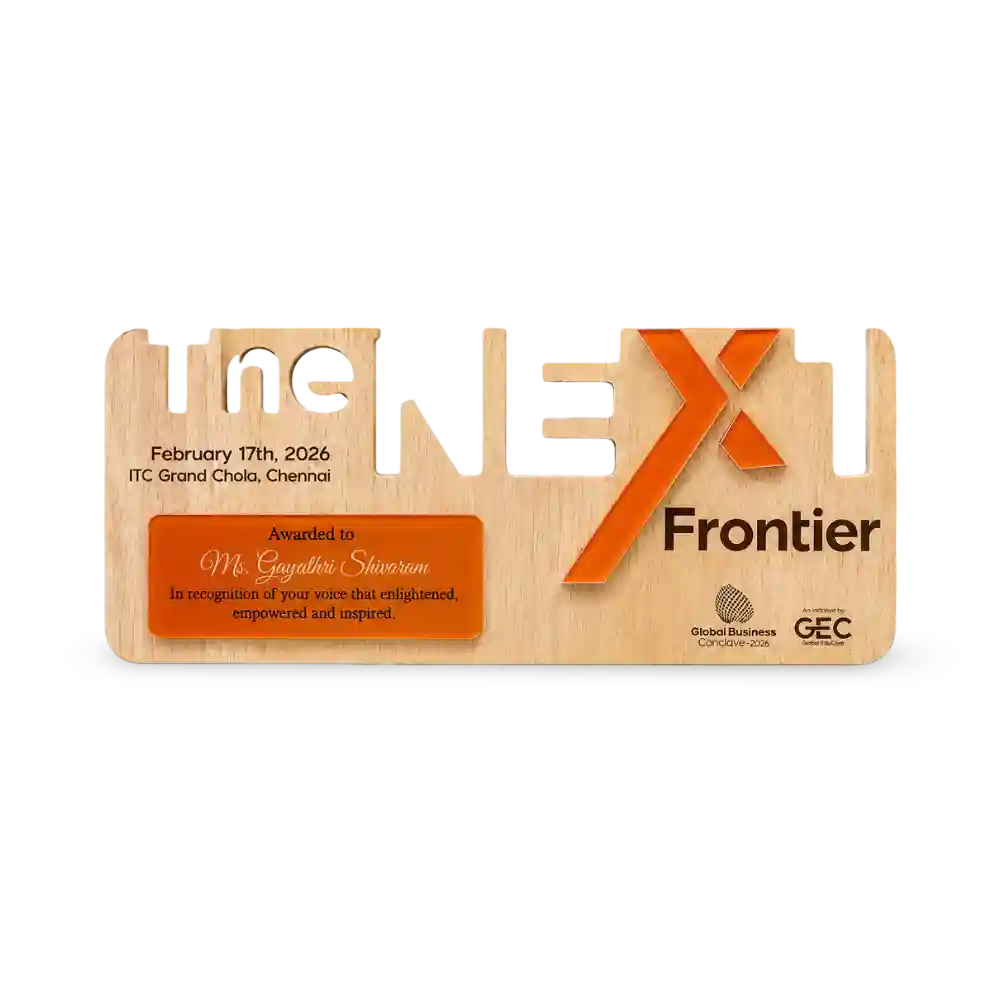 Wooden plaque award custom corporate recognition laser cut acrylic accent EcoTrophy India