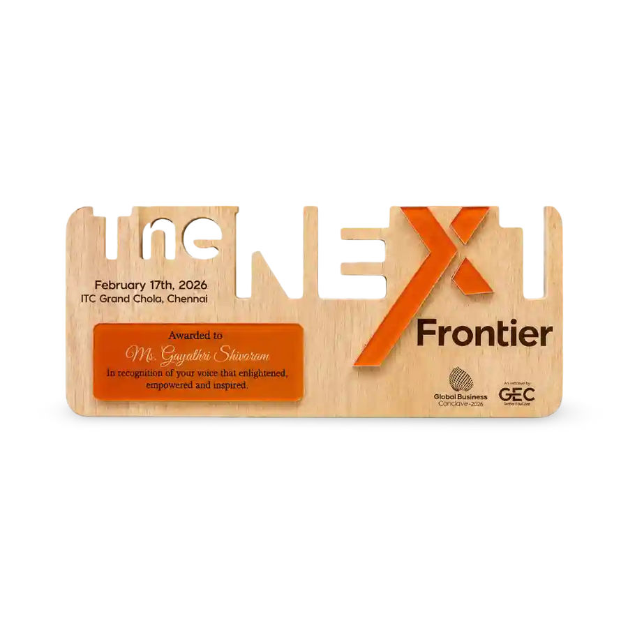 Wooden plaque award custom corporate recognition laser cut acrylic accent EcoTrophy India