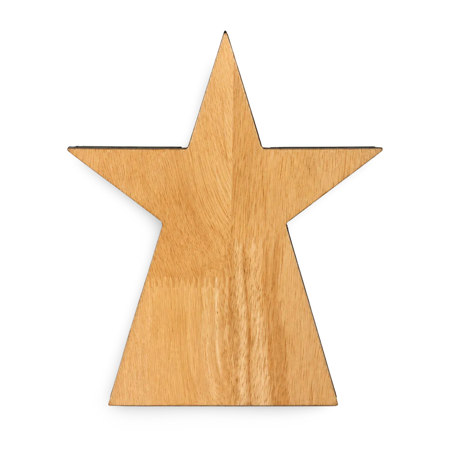 Wooden star-shaped display piece on a white background
